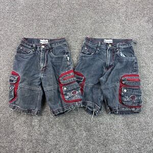 Vintage Y2K No Boundaries Cargo Shorts Boys‎ 8 Gray Denim Embroidered Grunge